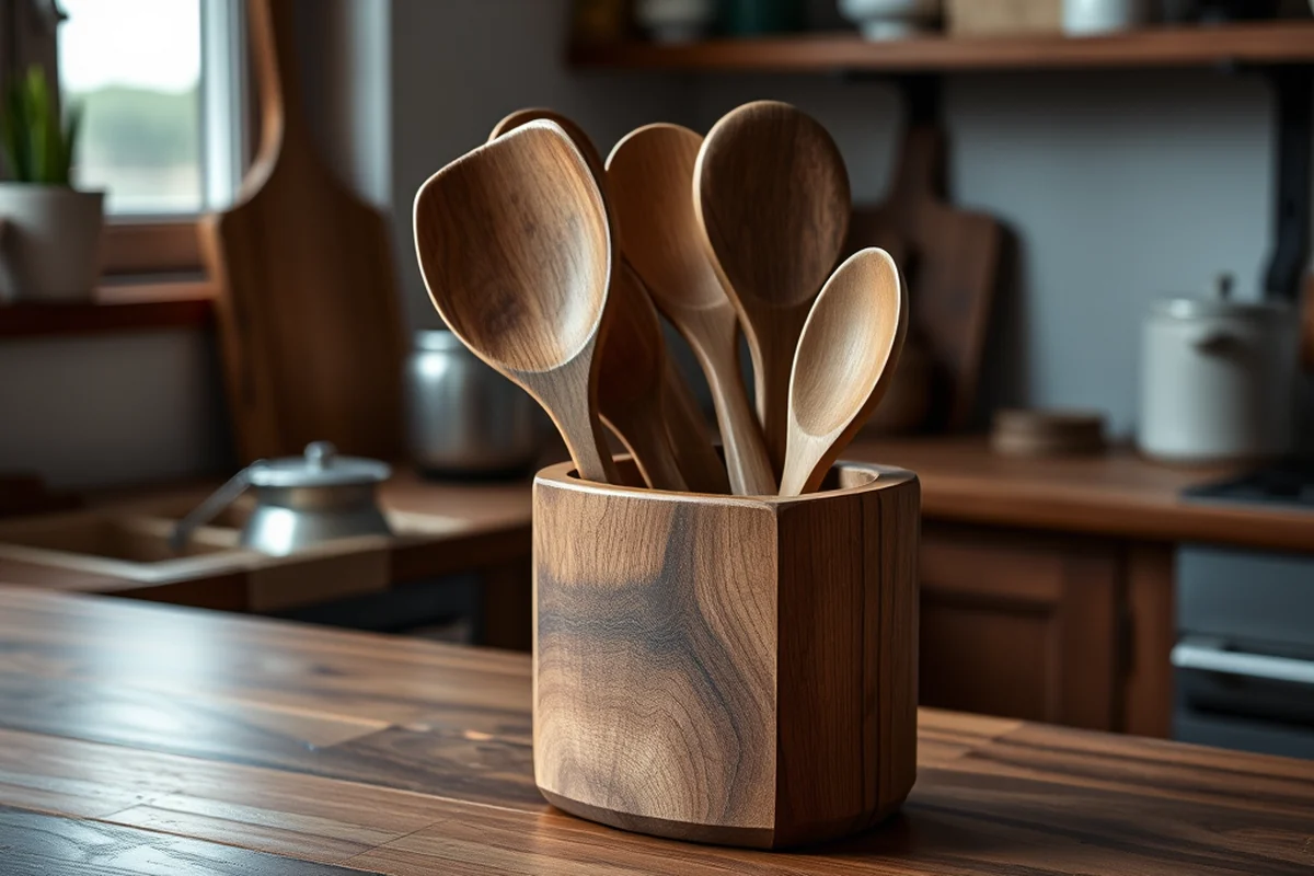 top wooden kitchen utensils and holder — Top Wooden Kitchen Utensils and Holder